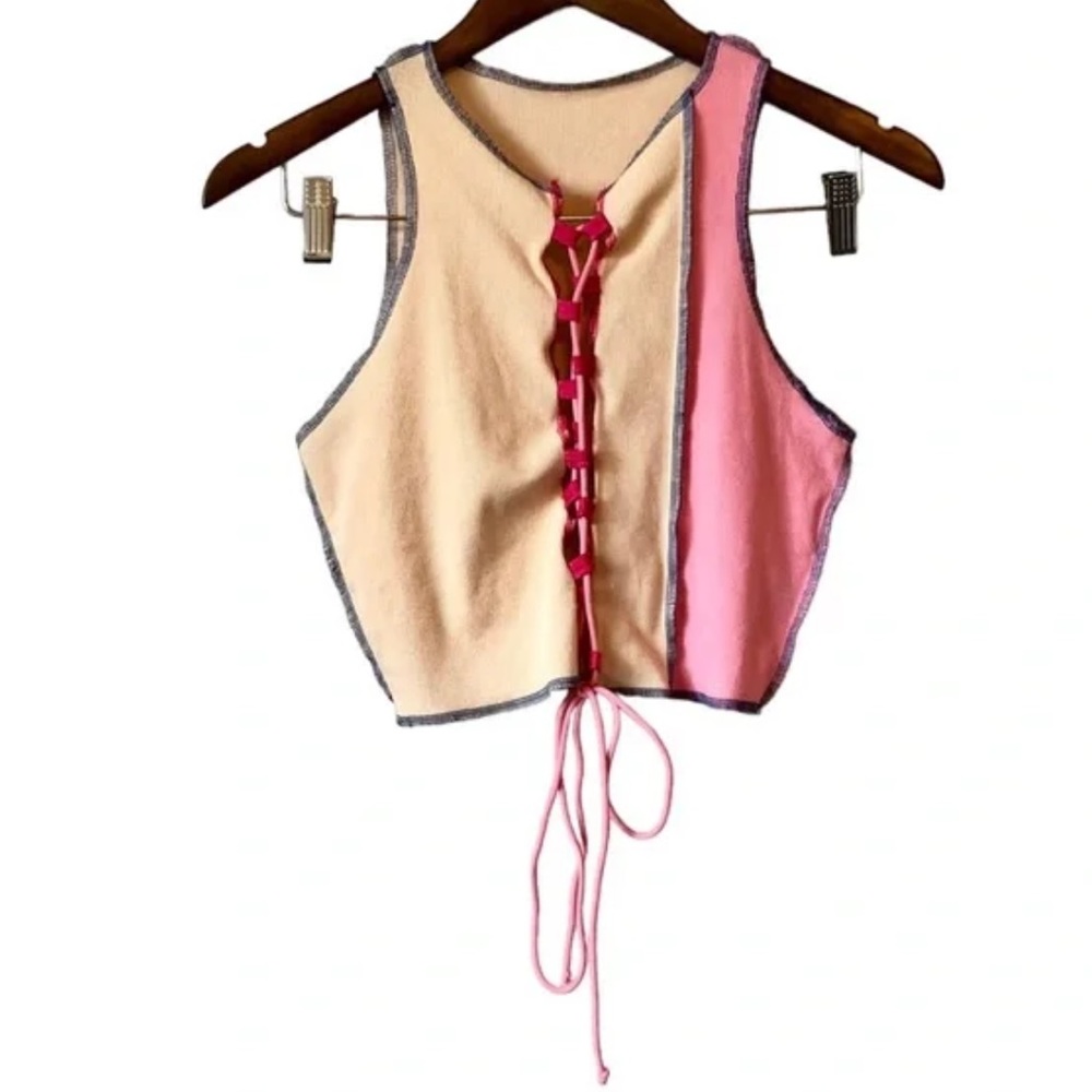 Shein Lace Tie Up Patchwork Cleavage Cropped Sleeveless Crop Tank Top Cream - Picture 2 of 11